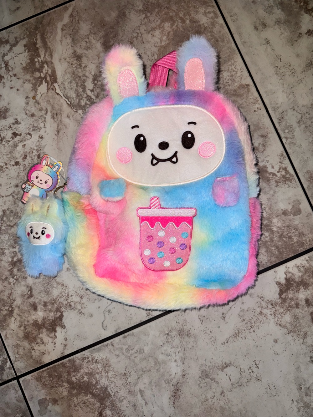 Rainbow Plush Bunny Kids Backpack with Bubble Tea Patch - Pink/Blue